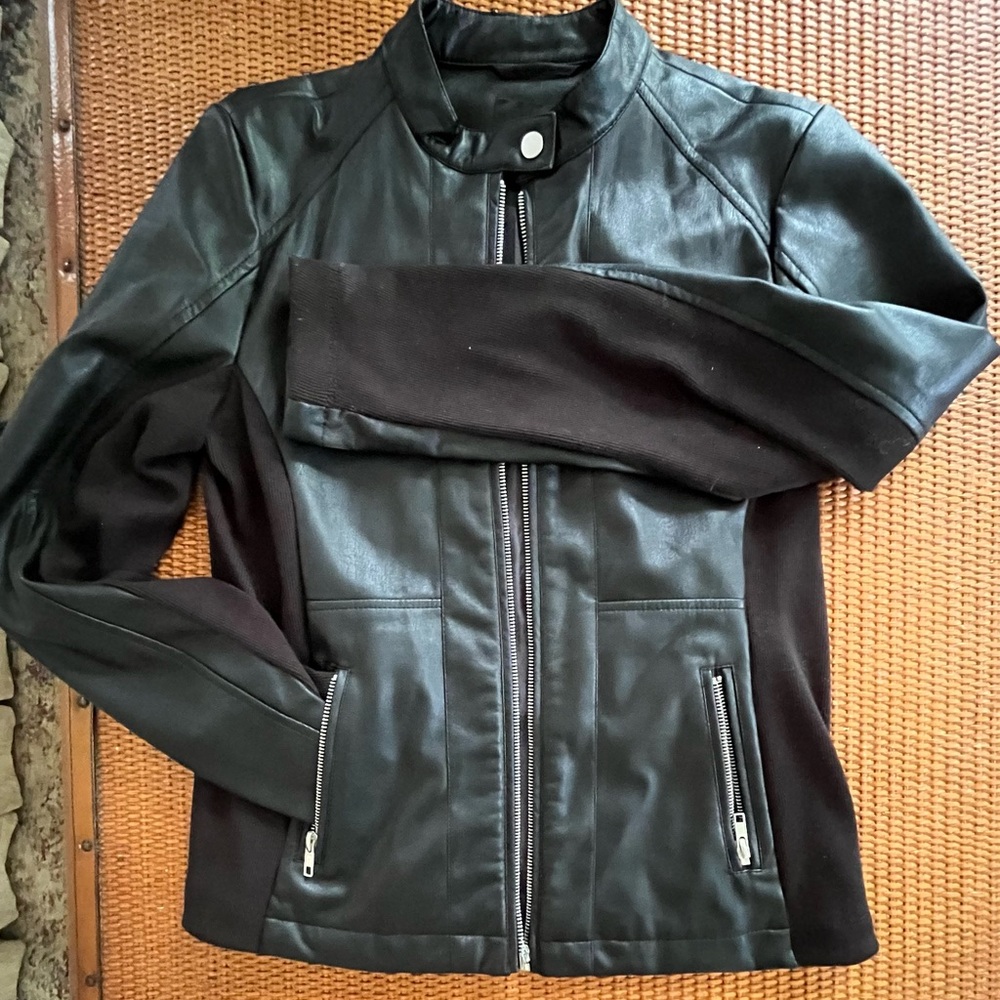 Ana New Approach Black Pleather Fitted Biker Jacket, size Small